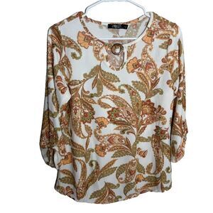 Cure Blouse Women's Small Thermal Round Neck Keyhole Paisley 3/4 Sleeve Top